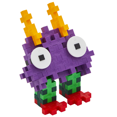 A colorful, blocky toy creature made of interlocking pieces on a white background. It has purple body, large white eyes, orange spikes, green legs, and red feet.