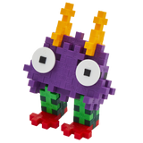 A colorful, blocky toy creature made of interlocking pieces on a white background. It has purple body, large white eyes, orange spikes, green legs, and red feet.