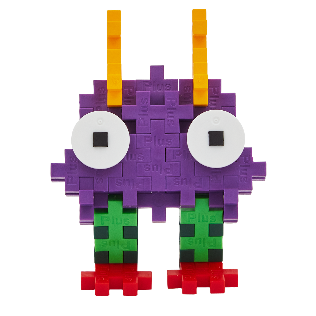 A colorful, blocky toy creature made of interlocking pieces on a white background. It has purple body, large white eyes, orange spikes, green legs, and red feet.