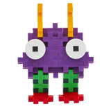 A colorful, blocky toy creature made of interlocking pieces on a white background. It has purple body, large white eyes, orange spikes, green legs, and red feet.