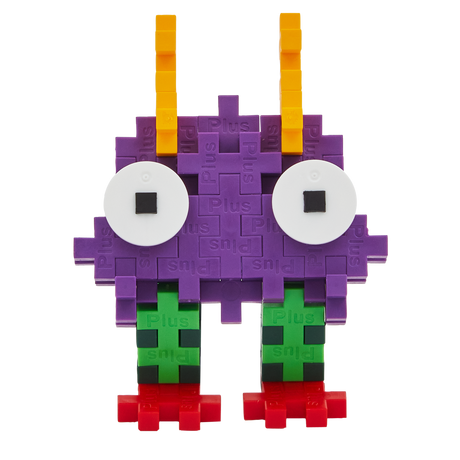 A colorful, blocky toy creature made of interlocking pieces on a white background. It has purple body, large white eyes, orange spikes, green legs, and red feet.