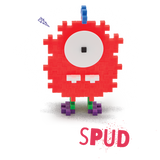 A playful creature made from Plus-Plus building pieces. It has a red pixelated body, large white eye with a black pupil, blue antenna, and green-purple feet.