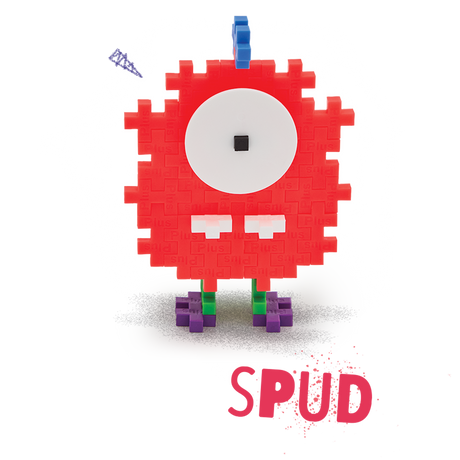 A playful creature made from Plus-Plus building pieces. It has a red pixelated body, large white eye with a black pupil, blue antenna, and green-purple feet.
