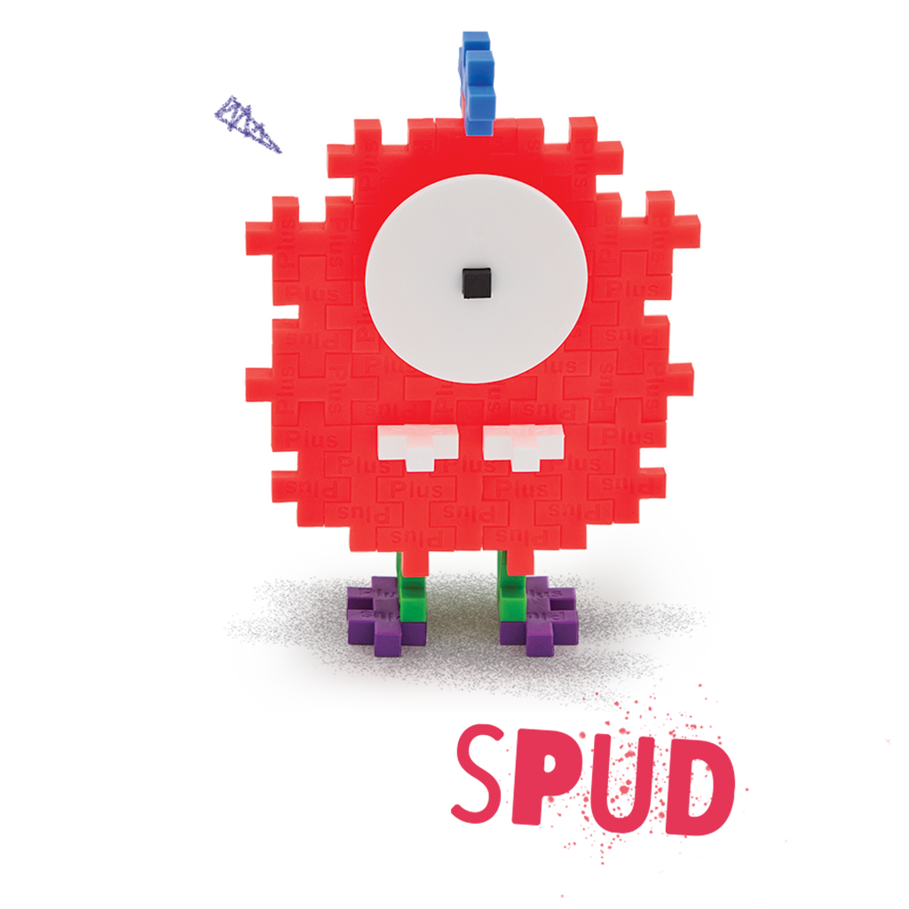 A playful creature made from Plus-Plus building pieces. It has a red pixelated body, large white eye with a black pupil, blue antenna, and green-purple feet.