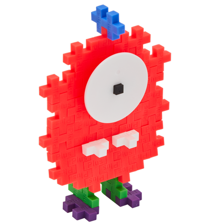 A playful creature made from Plus-Plus building pieces. It has a red pixelated body, large white eye with a black pupil, blue antenna, and green-purple feet.