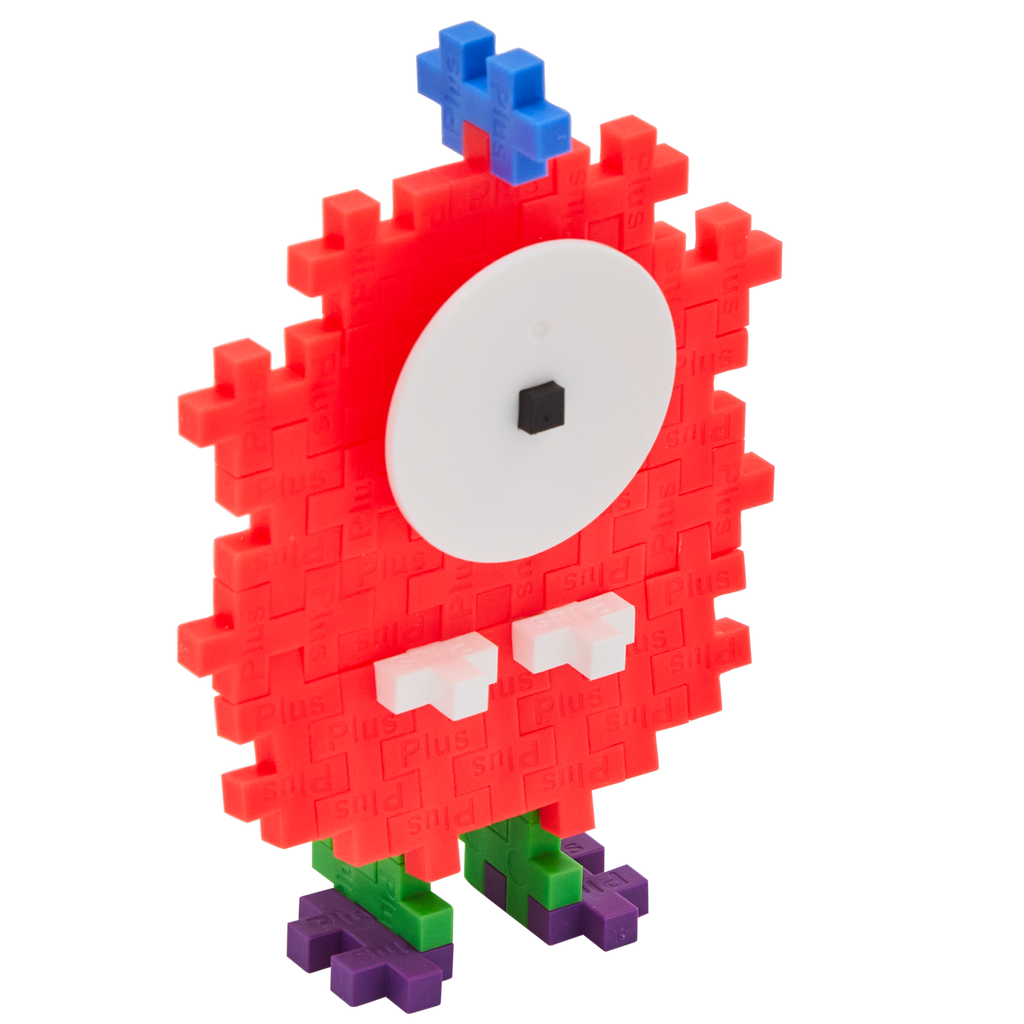 A playful creature made from Plus-Plus building pieces. It has a red pixelated body, large white eye with a black pupil, blue antenna, and green-purple feet.