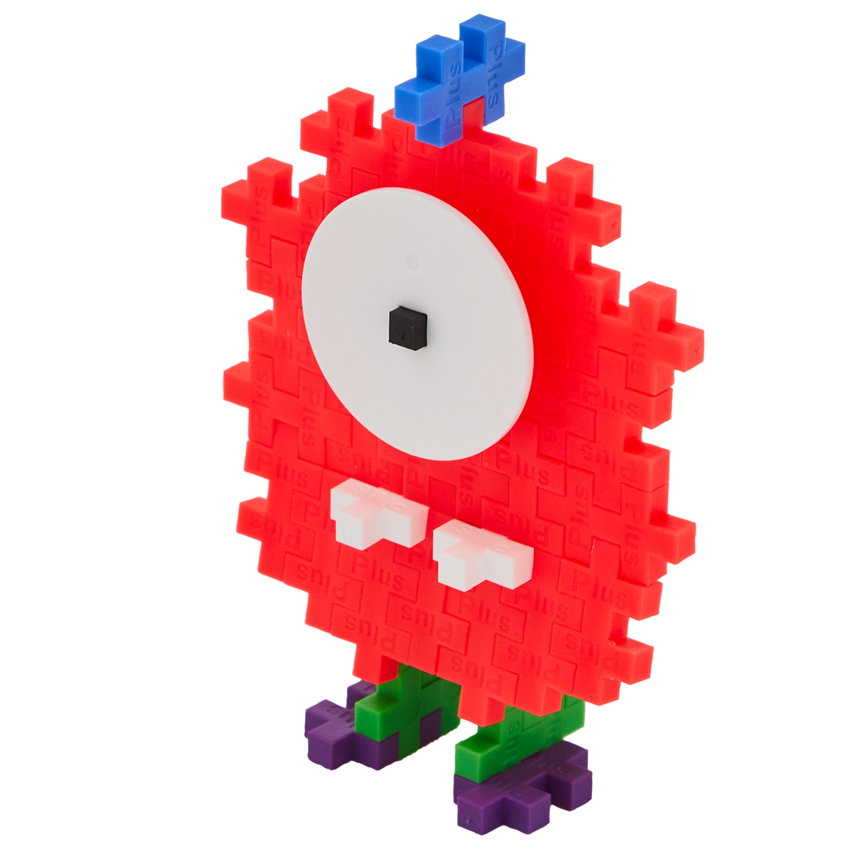 A playful creature made from Plus-Plus building pieces. It has a red pixelated body, large white eye with a black pupil, blue antenna, and green-purple feet.