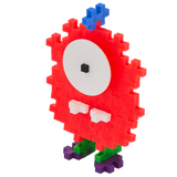 A playful creature made from Plus-Plus building pieces. It has a red pixelated body, large white eye with a black pupil, blue antenna, and green-purple feet.