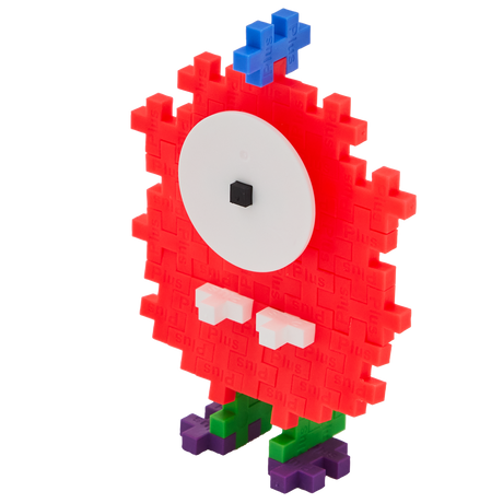 A playful creature made from Plus-Plus building pieces. It has a red pixelated body, large white eye with a black pupil, blue antenna, and green-purple feet.