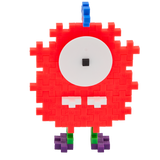 A playful creature made from Plus-Plus building pieces. It has a red pixelated body, large white eye with a black pupil, blue antenna, and green-purple feet.