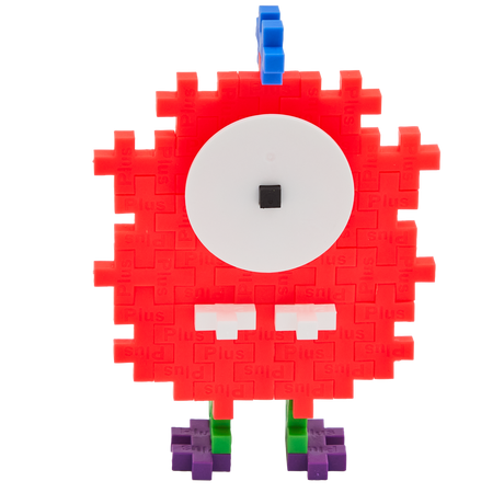 A playful creature made from Plus-Plus building pieces. It has a red pixelated body, large white eye with a black pupil, blue antenna, and green-purple feet.