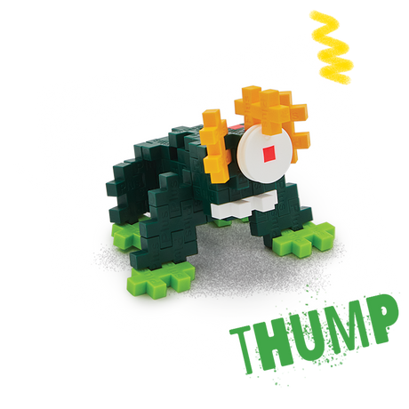 A blocky, frog-like creature made of interlocking pieces on a black background. It features dark green body, bright green feet, and yellow eyes.