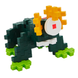 A blocky, frog-like creature made of interlocking pieces on a black background. It features dark green body, bright green feet, and yellow eyes.