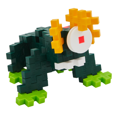 A blocky, frog-like creature made of interlocking pieces on a black background. It features dark green body, bright green feet, and yellow eyes.