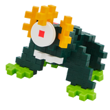 A blocky, frog-like creature made of interlocking pieces on a black background. It features dark green body, bright green feet, and yellow eyes.