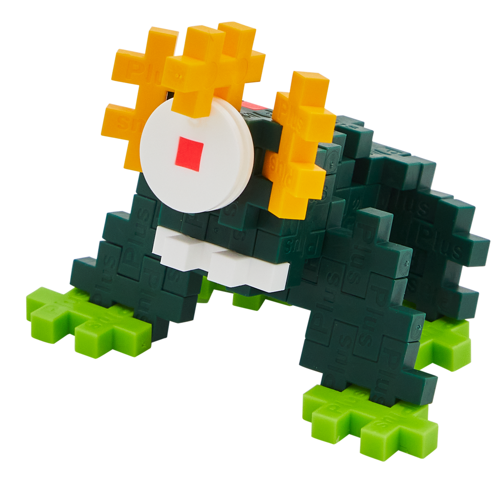 A blocky, frog-like creature made of interlocking pieces on a black background. It features dark green body, bright green feet, and yellow eyes.