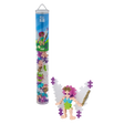 Plus-Plus fairy tube toy with colorful interlocking pieces next to a completed fairy figure. The figure is vibrant, showcasing playful creativity.