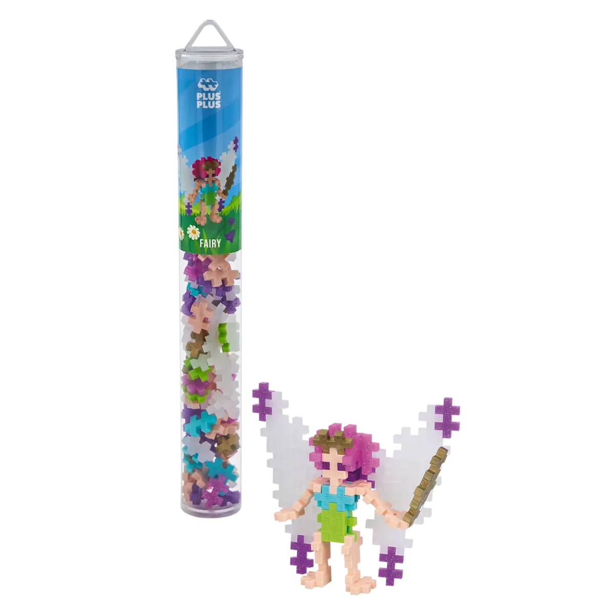 Plus-Plus fairy tube toy with colorful interlocking pieces next to a completed fairy figure. The figure is vibrant, showcasing playful creativity.