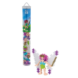 Plus-Plus fairy tube toy with colorful interlocking pieces next to a completed fairy figure. The figure is vibrant, showcasing playful creativity.