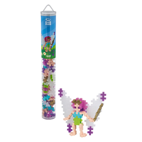Plus-Plus fairy tube toy with colorful interlocking pieces next to a completed fairy figure. The figure is vibrant, showcasing playful creativity.