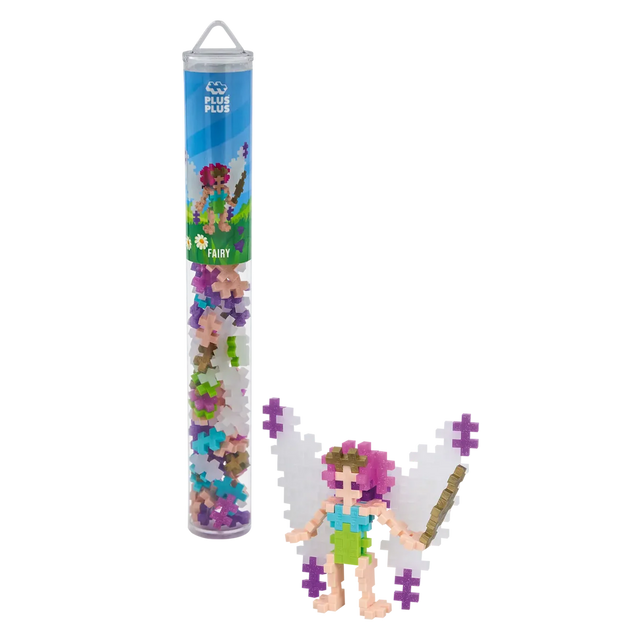 Plus-Plus fairy tube toy with colorful interlocking pieces next to a completed fairy figure. The figure is vibrant, showcasing playful creativity.