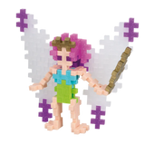 A colorful pixel art fairy made of interlocking pieces, featuring purple hair, white and purple wings, and holding a wand, set against a white background.