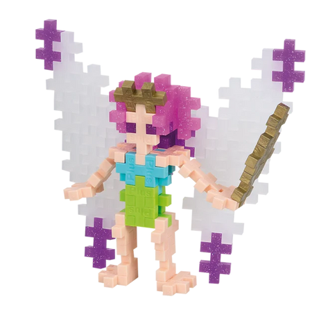 A colorful pixel art fairy made of interlocking pieces, featuring purple hair, white and purple wings, and holding a wand, set against a white background.