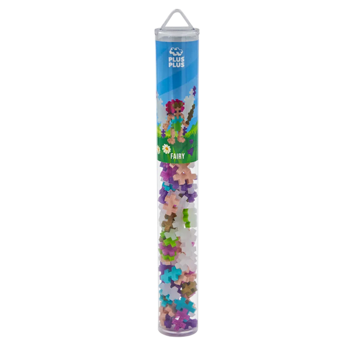 A transparent tube with colorful interlocking Plus-Plus blocks. The label features a playful fairy design with a nature theme and the word "FAIRY."
