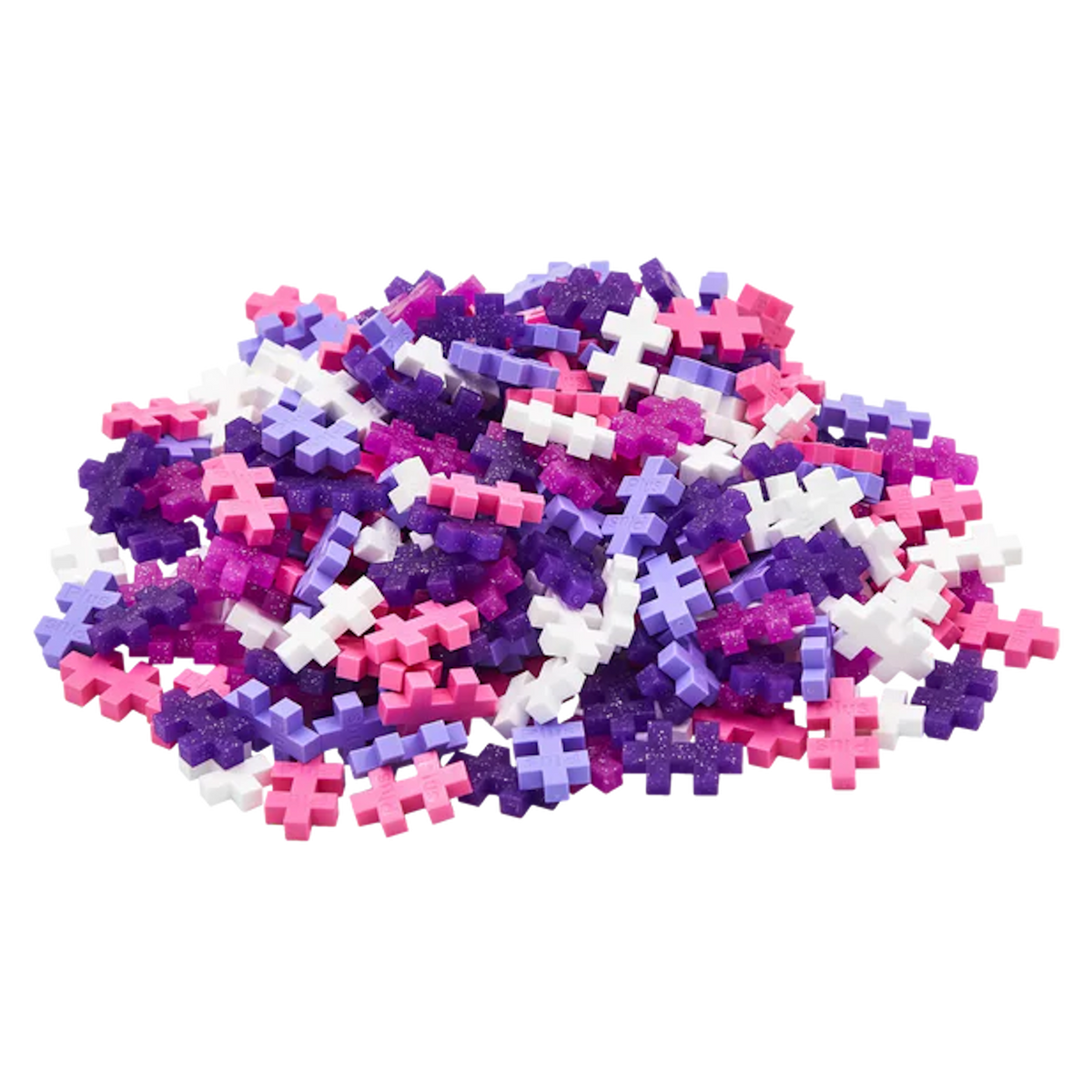 A pile of colorful interlocking puzzle pieces is displayed against a white background. The pieces are pink, purple, and white, creating a playful and vibrant tone.
