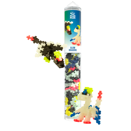Tube of colorful building blocks labeled "Glow Dragons" with small dragon figures built from the pieces. The blocks are colorful and playful.