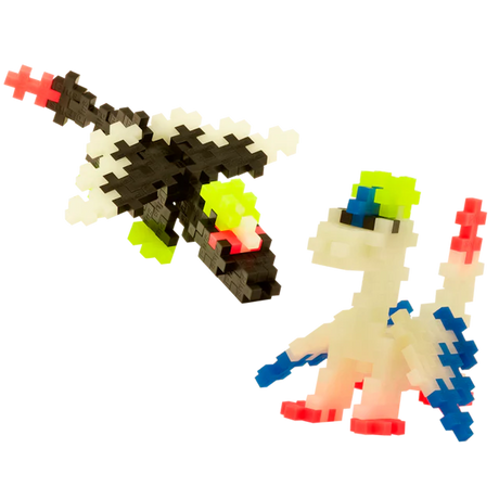 Colorful pixel-style dinosaur toys on a white background. One is black and white with neon accents, the other is white with blue, red, and yellow details. Playful tone.