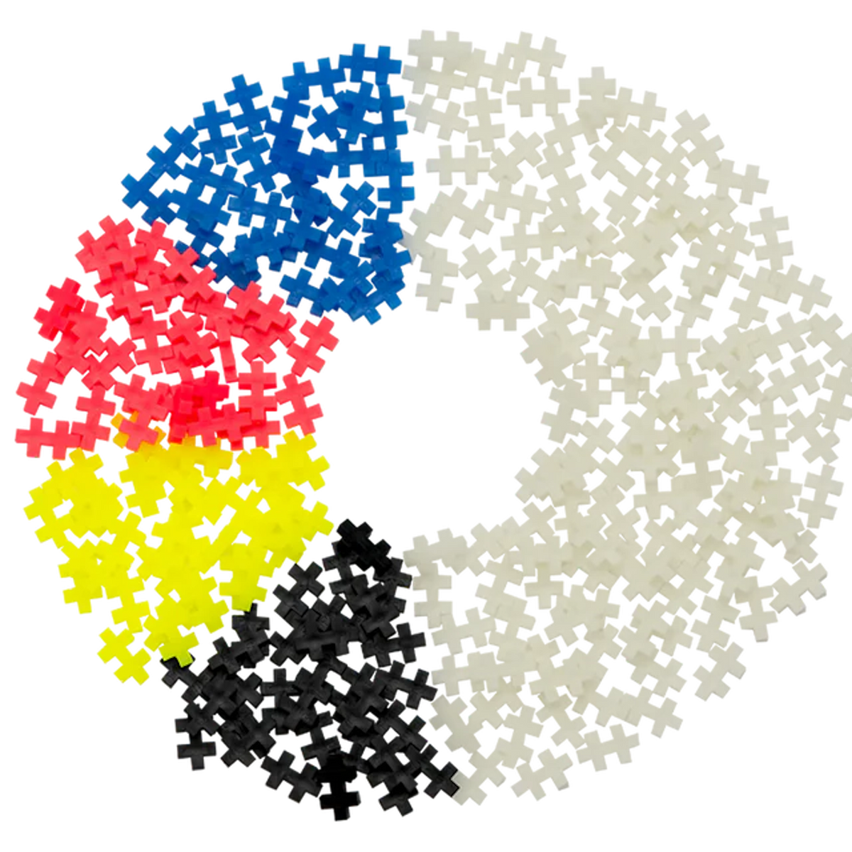 A circular arrangement of colorful interlocking pieces forms a wheel on a white background. Sections include blue, red, yellow, black, and white.