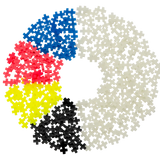A circular arrangement of colorful interlocking pieces forms a wheel on a white background. Sections include blue, red, yellow, black, and white.