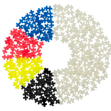 A circular arrangement of colorful interlocking pieces forms a wheel on a white background. Sections include blue, red, yellow, black, and white.