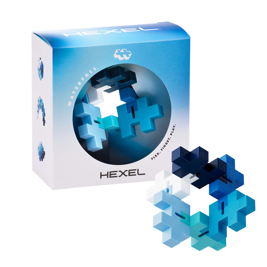 Hexel "Waterfall" fidget toy packaging; shows blue-toned, interconnected hexagonal pieces. Text: "Flex. Fidget. Play." Innovative and playful design.