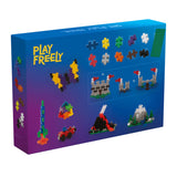 Plus-Plus Play Freely building set box showing 600 colorful 2D and 3D interlocking pieces and model ideas.