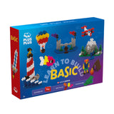 Plus-Plus Learn to Build Basic 600-piece set box showing colorful 3D toy constructions like a lighthouse and castle.