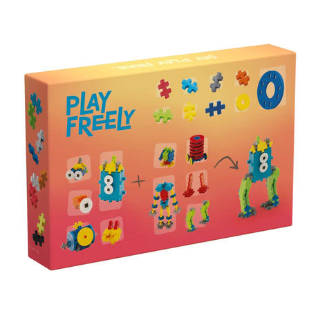 Plus-Plus Play Freely robot building set box showing colorful interlocking pieces and creative robot assembly steps.