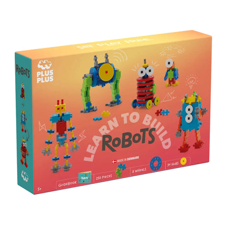 Plus-Plus Learn to Build Robots set box featuring colorful toy robots, 250 pieces, wheels, and a guidebook.