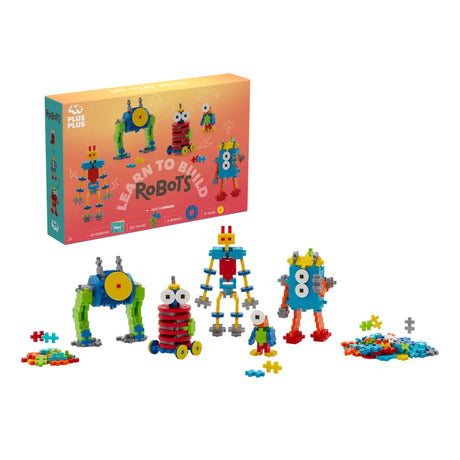 Plus-Plus Learn to Build Robots set with colorful block-built robot figures, 250 pieces, and wheels on a white background.