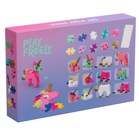 Plus-Plus Play Freely Learn to Build Unicorn set box with colorful interlocking pieces and 2D and 3D unicorn model ideas.