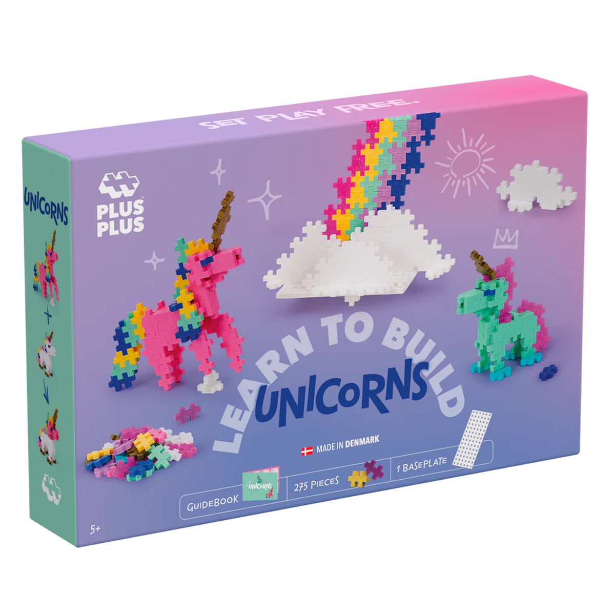 Plus-Plus Learn to Build Unicorns set box featuring 275 pieces, a baseplate, and colorful 3D unicorn and rainbow models.