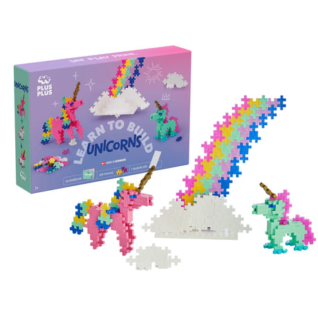 Plus-Plus Learn to Build Unicorns set with 275 pieces, rainbow, and colorful unicorn toy figures made of building bricks.
