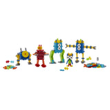 Five colorful toy robots built from Plus-Plus interlocking blocks, arranged in a row against a white background.