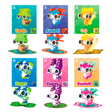 A grid of colorful pixelated animals made from construction blocks. Includes a turtle, axolotls, cat, puppy, and bunny on vibrant backgrounds. Fun and playful tone.