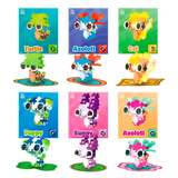 A grid of colorful pixelated animals made from construction blocks. Includes a turtle, axolotls, cat, puppy, and bunny on vibrant backgrounds. Fun and playful tone.