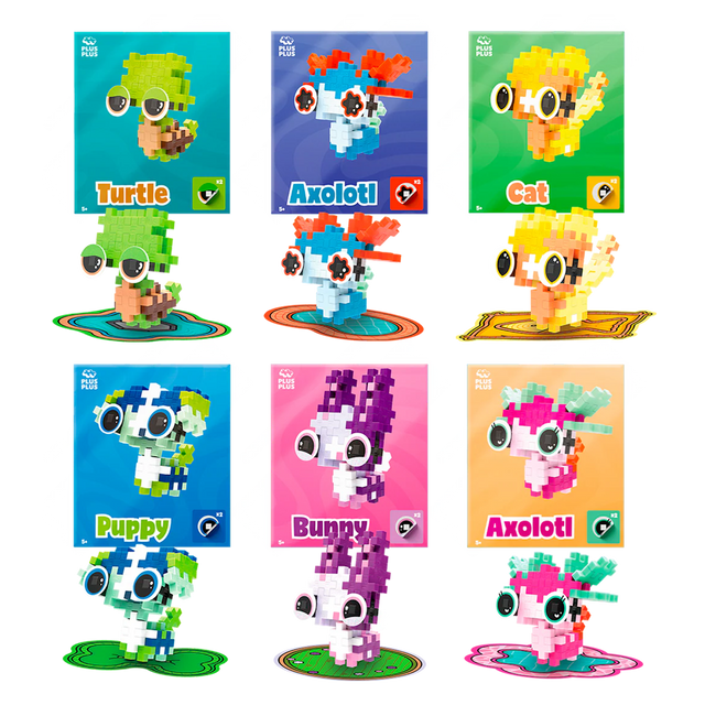 A grid of colorful pixelated animals made from construction blocks. Includes a turtle, axolotls, cat, puppy, and bunny on vibrant backgrounds. Fun and playful tone.