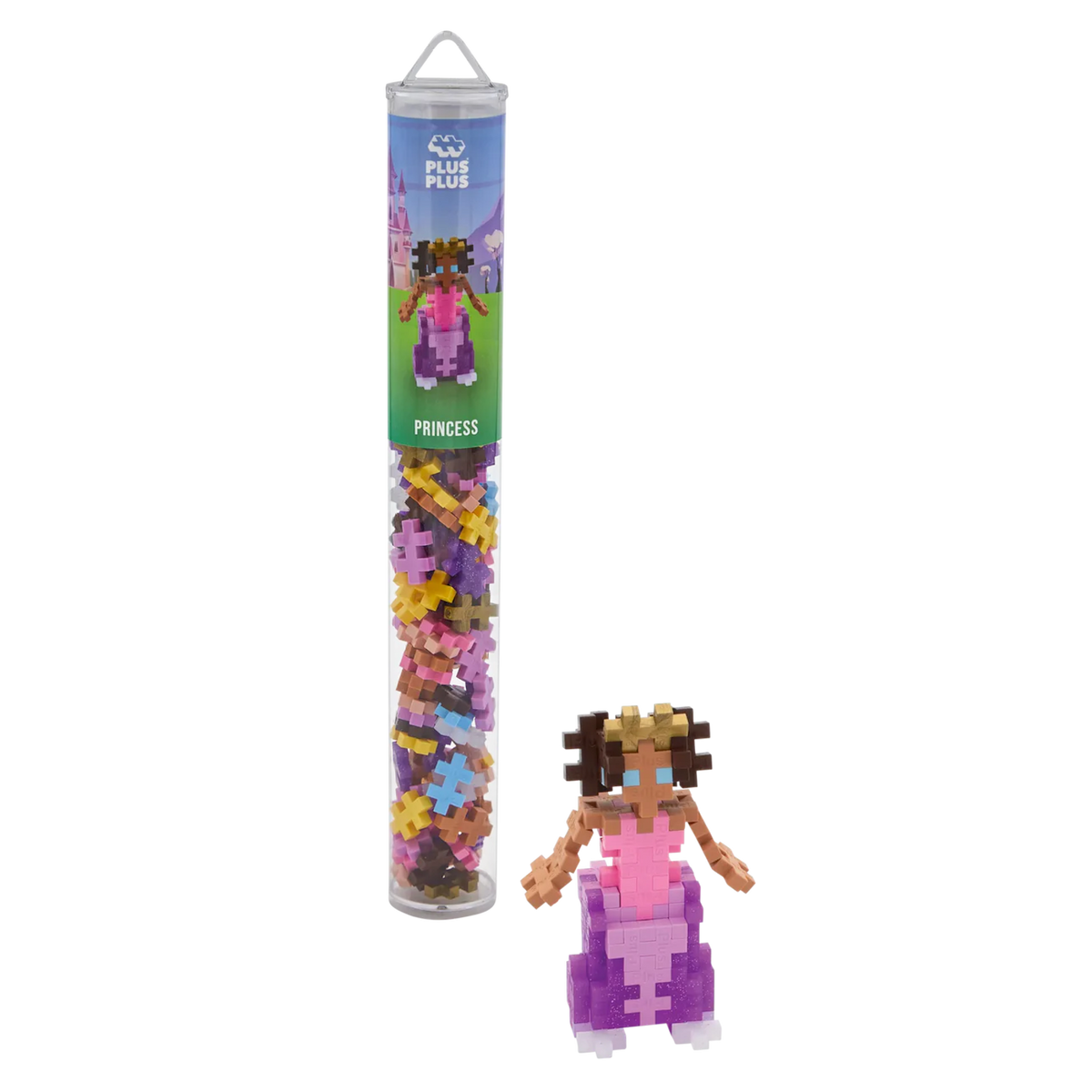 Toy tube labeled "Princess" contains colorful puzzle pieces. The assembled figure beside it is a blocky princess in pink and purple with a crown.