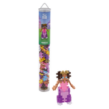 Toy tube labeled "Princess" contains colorful puzzle pieces. The assembled figure beside it is a blocky princess in pink and purple with a crown.