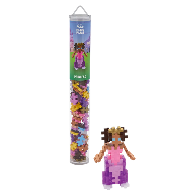 Toy tube labeled "Princess" contains colorful puzzle pieces. The assembled figure beside it is a blocky princess in pink and purple with a crown.